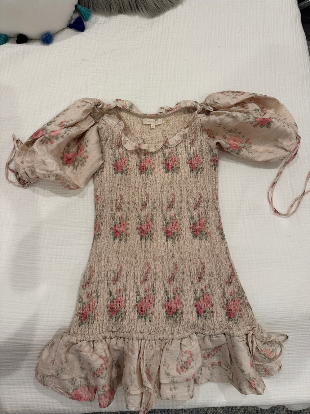 LoveShackFancy Cream Floral Smocked Mini Dress with Puff Sleeves